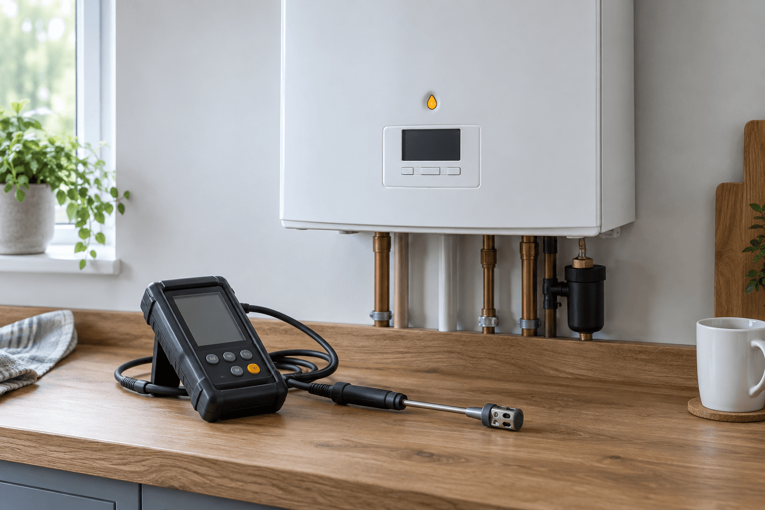 Illustration of a heating boiler with inspection equipment and visible plumbing connections.