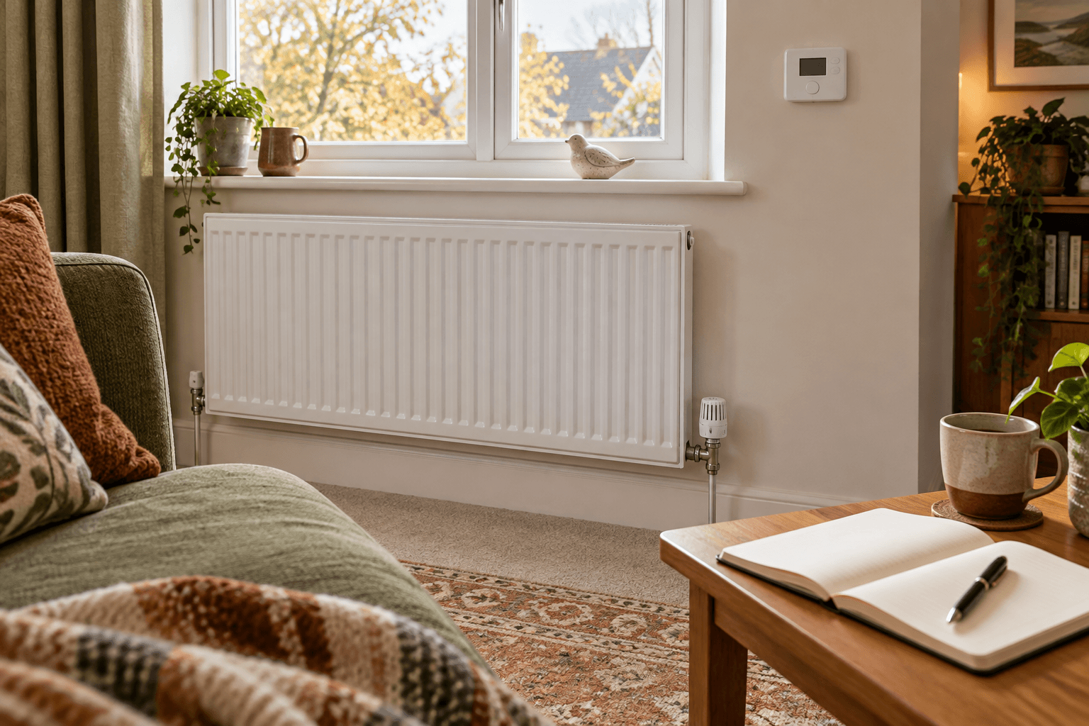 Illustration of a heating radiator with its valves and nearby furniture visible before assessing the work.