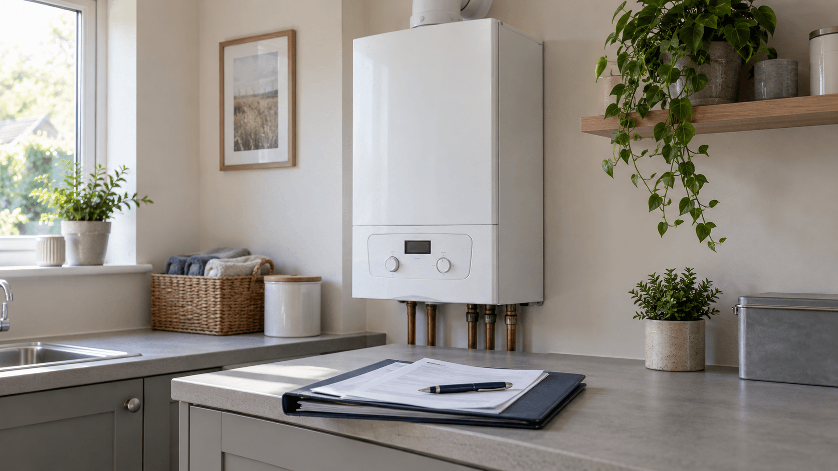 Illustration of a heating boiler beside inspection notes for planning the plumbing work.