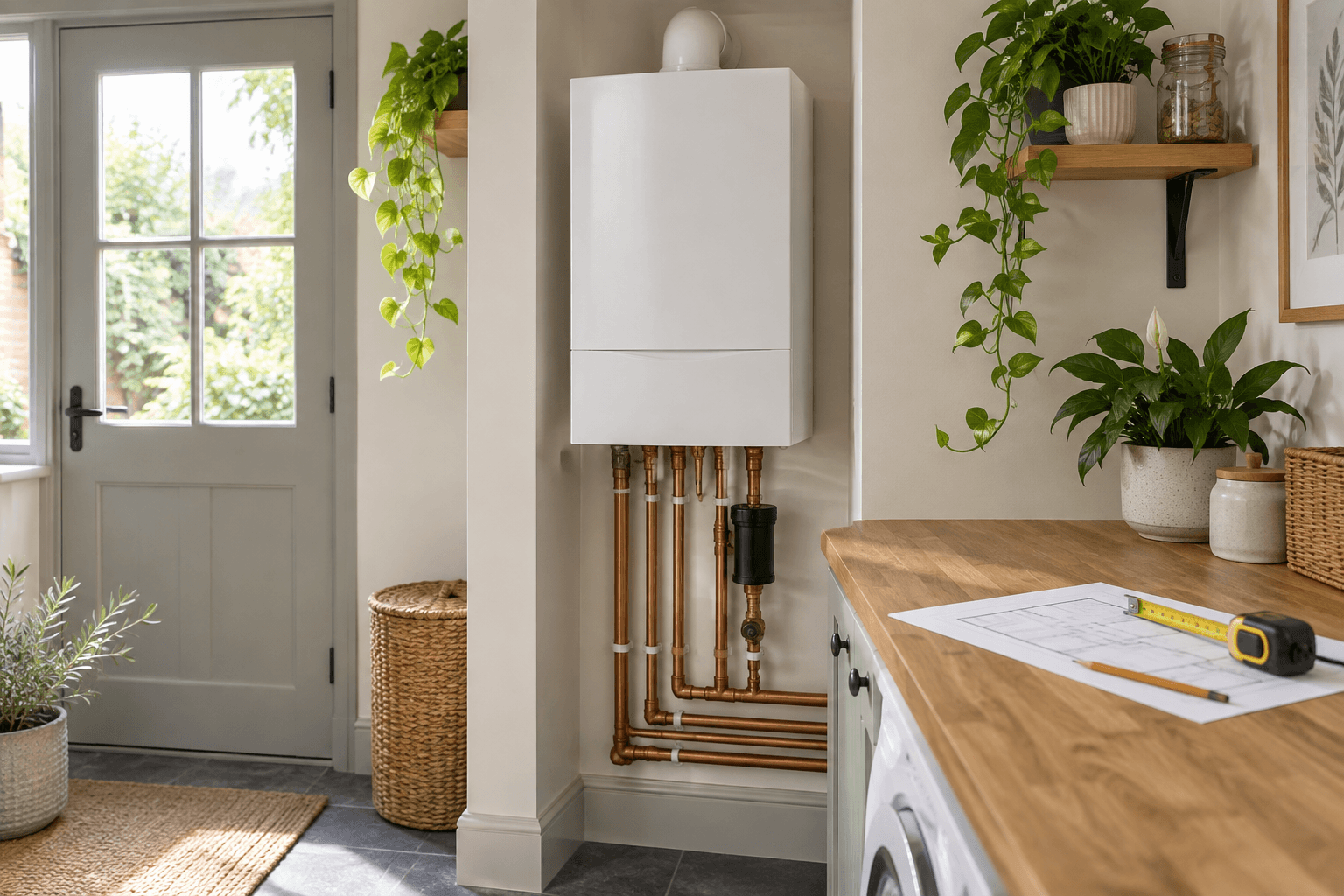 Illustration of a boiler and visible heating pipework beside a plan and measuring tape.