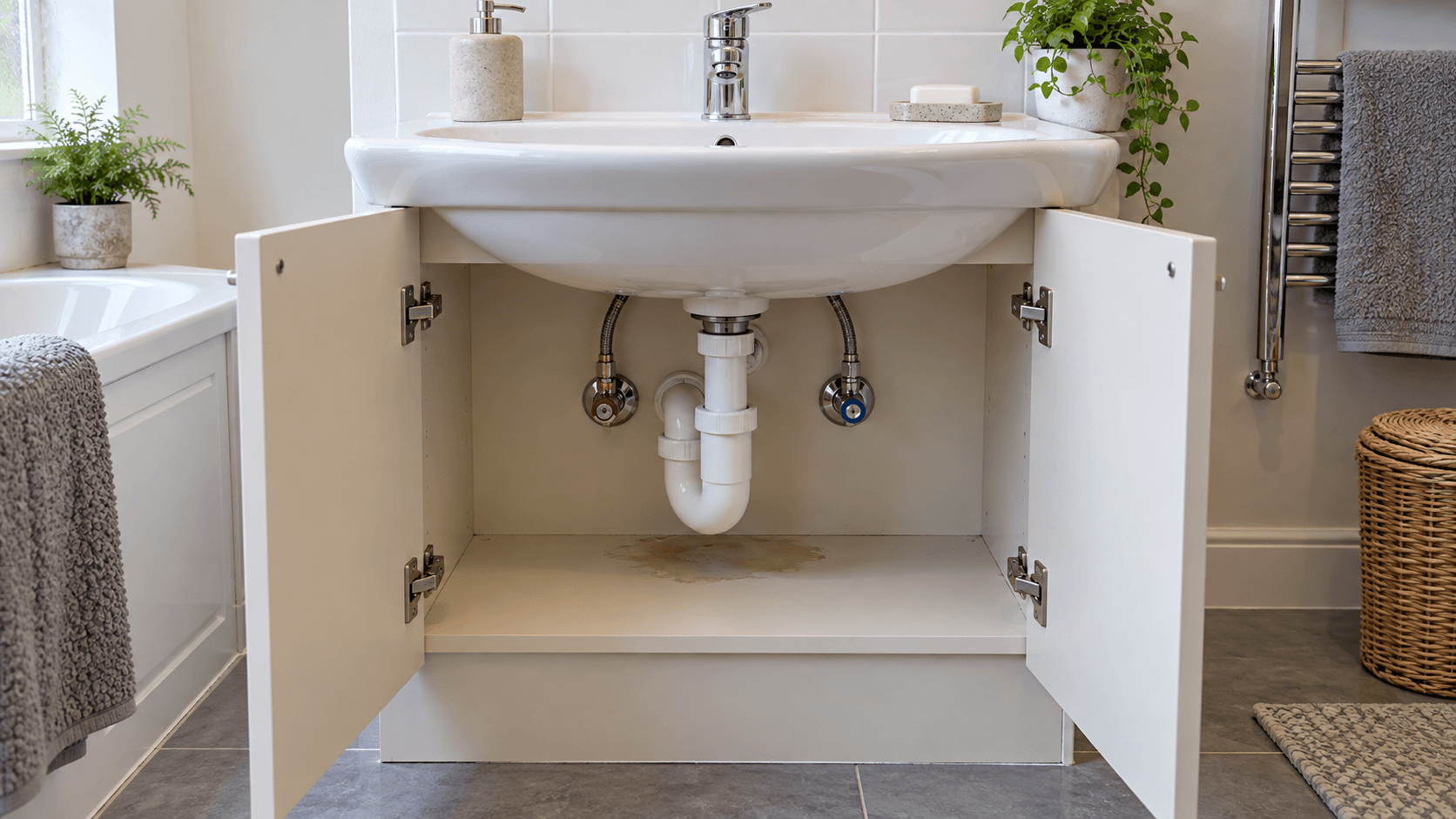 Illustration of plumbing pipework beneath a basin above a damp cupboard base for a repair assessment.