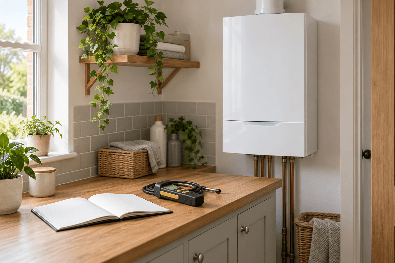 Illustration of a heating boiler with service-testing equipment and a notebook for the visit.