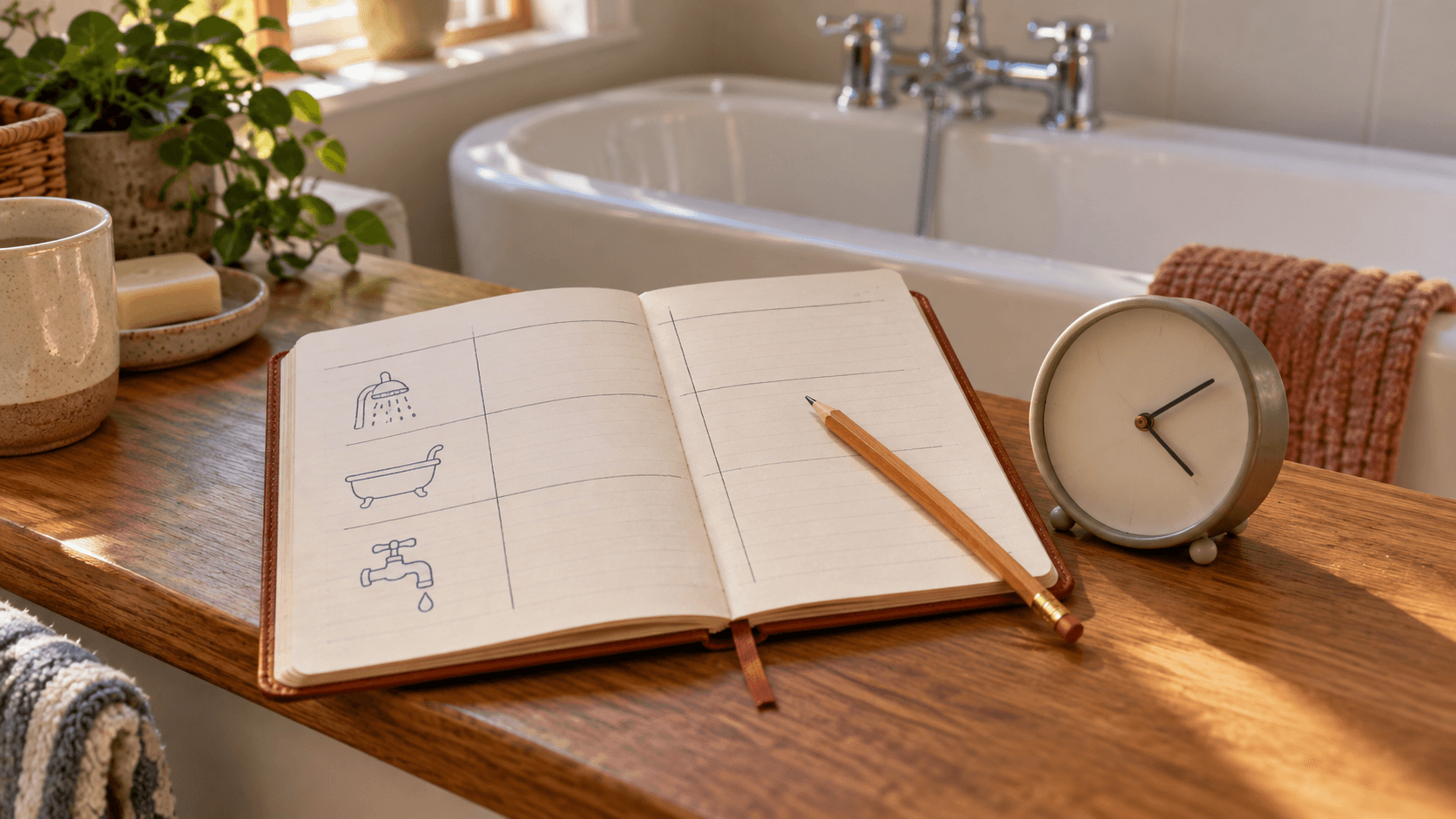 Illustration of a bath, tap and notebook for recording plumbing symptoms before a site visit.