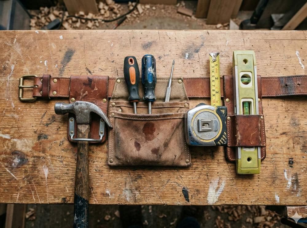 Tool belt with hammer, screwdrivers, tape measure and spirit level on a workbench