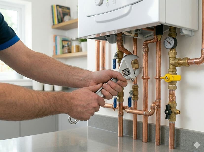 Engineer tightening a fitting on the pipework below a wall-mounted boiler